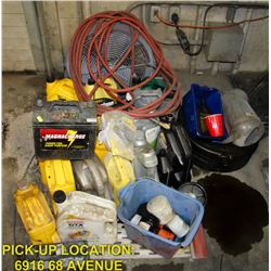 LOT OF OIL, BATTERIES, FLOOR FAN, AIR HOSE & MORE