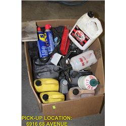 BOX OF ASSORTED JUGS OF OIL AND MORE