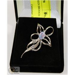 SILVER FLORAL DESIGN BROOCH WITH STONE