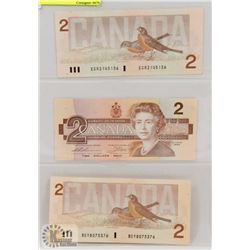 LOT OF 3 CANADA  1986 $2 BILLS, ROBIN