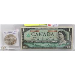 LOT OF 2 CANADA 1967 $1 BILL, 50 CENT COIN