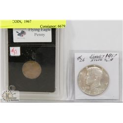 LOT OF 2 USA COINS, 1858 FLYING EAGLE COIN,  1967
