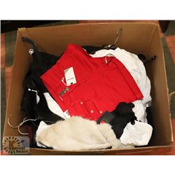 BOX OF ASSORTED CLOTHING, APPEARS TO BE MOSTLY