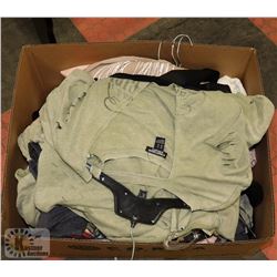 BOX OF ASSORTED CLOTHING, APPEARS TO BE MOSTLY