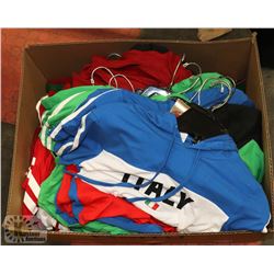 BOX OF ASSORTED CLOTHING, APPEARS TO BE SPORTS