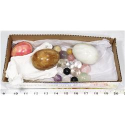 BOX OF GRANITE EGGS & ROCK SPHERES INCL.