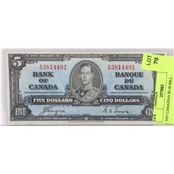 1937 CANADIAN $5.00 BILL.