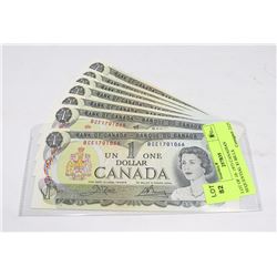 LOT OF 10- 1973 CANADIAN SEQUENTIAL $1 BILLS.