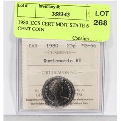 1980 ICCS CERT MINT STATE 66 CANADIAN 25 CENT COIN