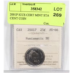 2001P ICCS CERT MINT STATE 66 25 CENT COIN