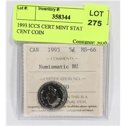 1993 ICCS CERT MINT STATE 66 CANADIAN 5 CENT COIN