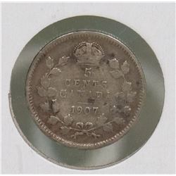 1907 CANADIAN EDVII SILVER 5 CENT COIN