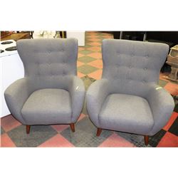 PAIR OF GREY FABRIC WING BACK CHAIRS. FURNITURE