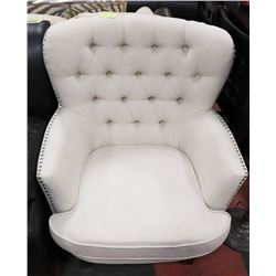 SHOWHOME WHITE FABRIC NAILHEAD WING BACK CHAIR