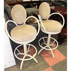 PAIR OF HEAVY METAL FABRIC SWIVEL BAR STOOLS