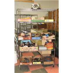 ROLLING RACK OF TOOLS AND EXTENSION CORDS, JACK,
