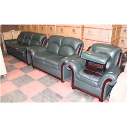 GREEN LEATHER WITH WOOD TRIM SOFA, LOVE SEAT,CHAIR