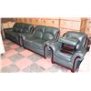 Image 1 : GREEN LEATHER WITH WOOD TRIM SOFA, LOVE SEAT,CHAIR