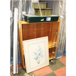 BOOKCASE SOLD WITH STORAGE BINS, PROJECTOR SCREEN