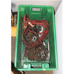 LARGE PLASTIC STORAGE TOTE WITH JUMPER CABLES,