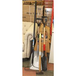 LOT OF 2 SHOVELS, A RAKE AND SLEDGEHAMMER