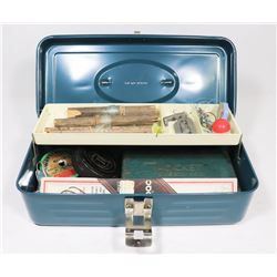 KIDS VINTAGE FISHING BOX WITH CONTENTS.