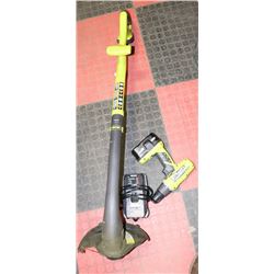 RYOBI DRILL, WEEDWACKER, BATTERY AND CHARGER.