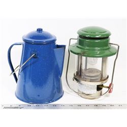 COLEMAN PROPANE GAS LANTERN AND COFFEE POT.