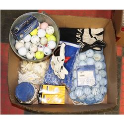 BOX FULL OF GOLF BALLS, T'S, TOWELS, GLOVE