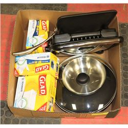BOX W/KITCHENWARE INCL. POT, PAN W/LID,