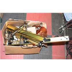 BOX WITH COPPERWARE AND PICTURE/ART LIGHTS.