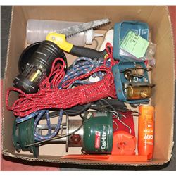 LARGE BOX OF CAMPING GEAR INCL. OPTIMUS