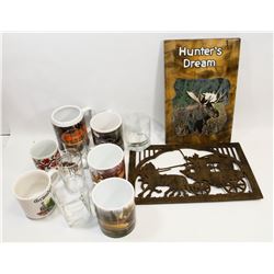 LOT OF COFFEE MUGS, GLASSES AND WOODEN TRIVETS.
