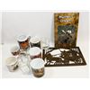 Image 1 : LOT OF COFFEE MUGS, GLASSES AND WOODEN TRIVETS.