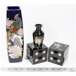 MOTHER OF PEARL INLAYED TRINKET BOX AND VASES.