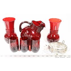 VINTAGE RUBY RED GLASS SET WITH FLORAL ETCHING