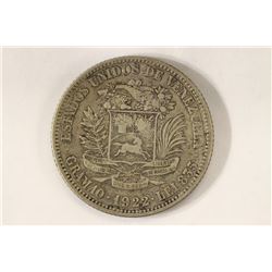 1922 VENEZUELA SILVER 2 BOLIVAR