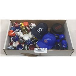 BOX OF MINIATURE HELMETS/FOAM PUCKS ETC