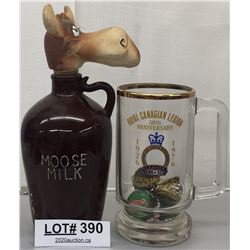 MOOSE MILK BOTTLE WITH MOOSEHEAD + 1976 ROYAL CDN LEGION MUG WITH OLD BOTTLECAPS