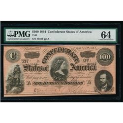 1864 $100 Confederate States of America Note PMG 64