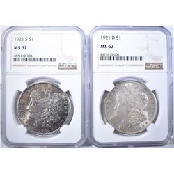 1921-D & 1921-S MORGAN DOLLARS, NGC MS-62