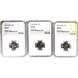 1965.66 & 67 SMS ROOSEVELT DIMES, NGC MS-68