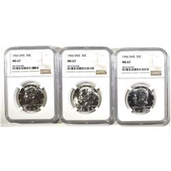 (3) 1966 SMS KENNEDY HALVES NGC MS 67