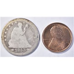 LOT OF 2 COINS: 1909 LINCOLN CENT GEM BU RD, 1853