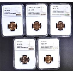 5 "D" MINT LINCOLN CENTS NGC MS-66 RD