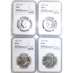 (4) 1982 D KENNEDY HALF DOLLARS NGC MS-66