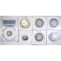 5 BARBER HALVES, 1 SEATED DIME 1 3CENT NICKEL