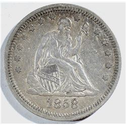 1858 SEATED QUARTER, XF+