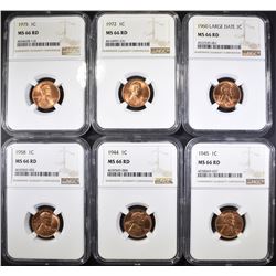 (6) P MINT LINCOLN CENTS NGC MS-66 RD
