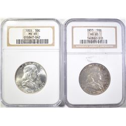 2-1955 FRANKLIN HALF DOLLARS, NGC MS-65